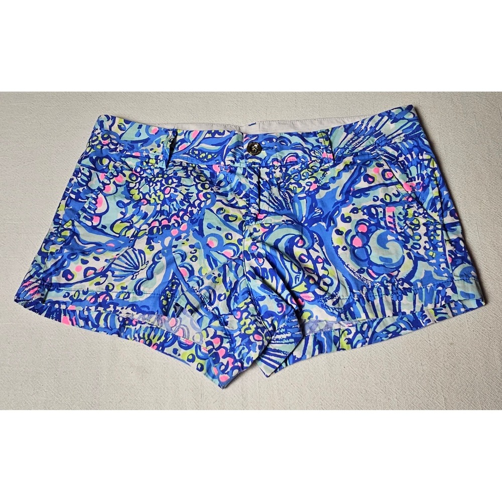 Lilly Pulitzer Walsh Shorts Size 12 Blue Pink Sea Print Cotton Chino Shorts
